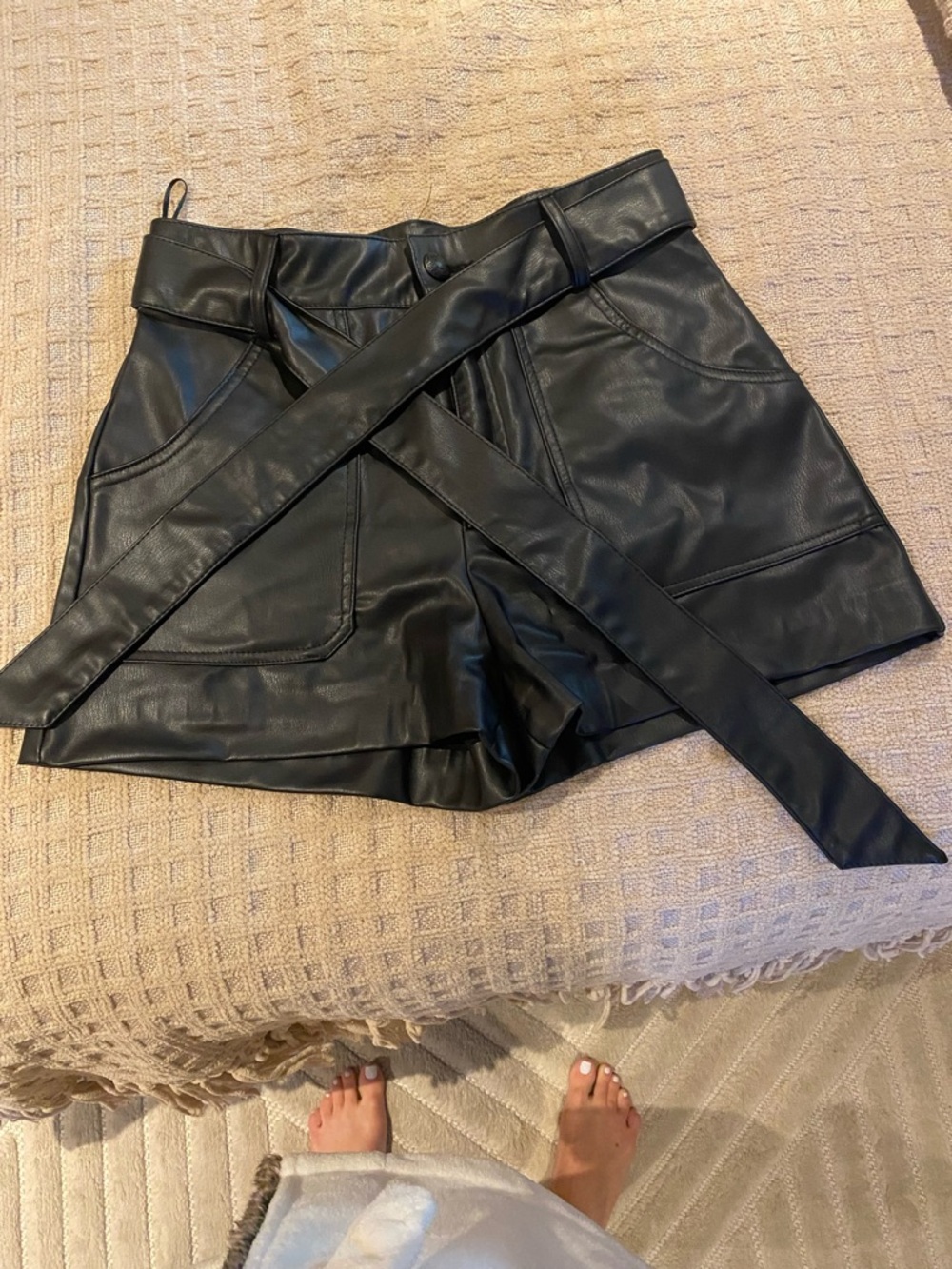 Zara Black Faux Leather High-Waist Belted Shorts